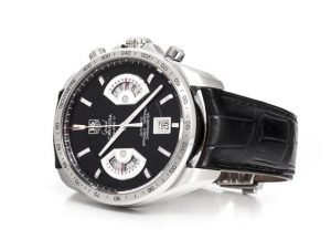 The well-designed replica TAG Heuer Grand Carrera CAV511A.FC6225 watches have black leather straps.