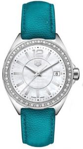 The blue leather straps fake TAG Heuer watches have white mother-of-pearl dials.