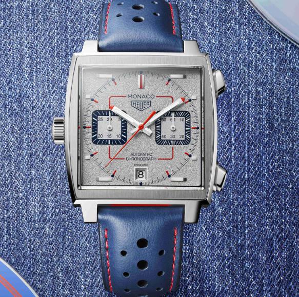The red and blue elements on the timepiece are eye-catching.