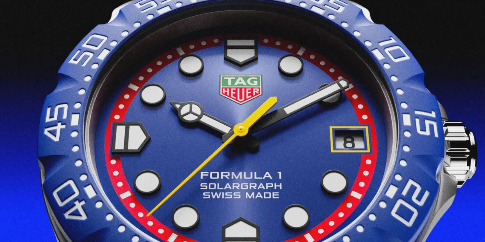 TAG Heuer Formula 1 Solargraph blue dial with red minute track and yellow seconds hand