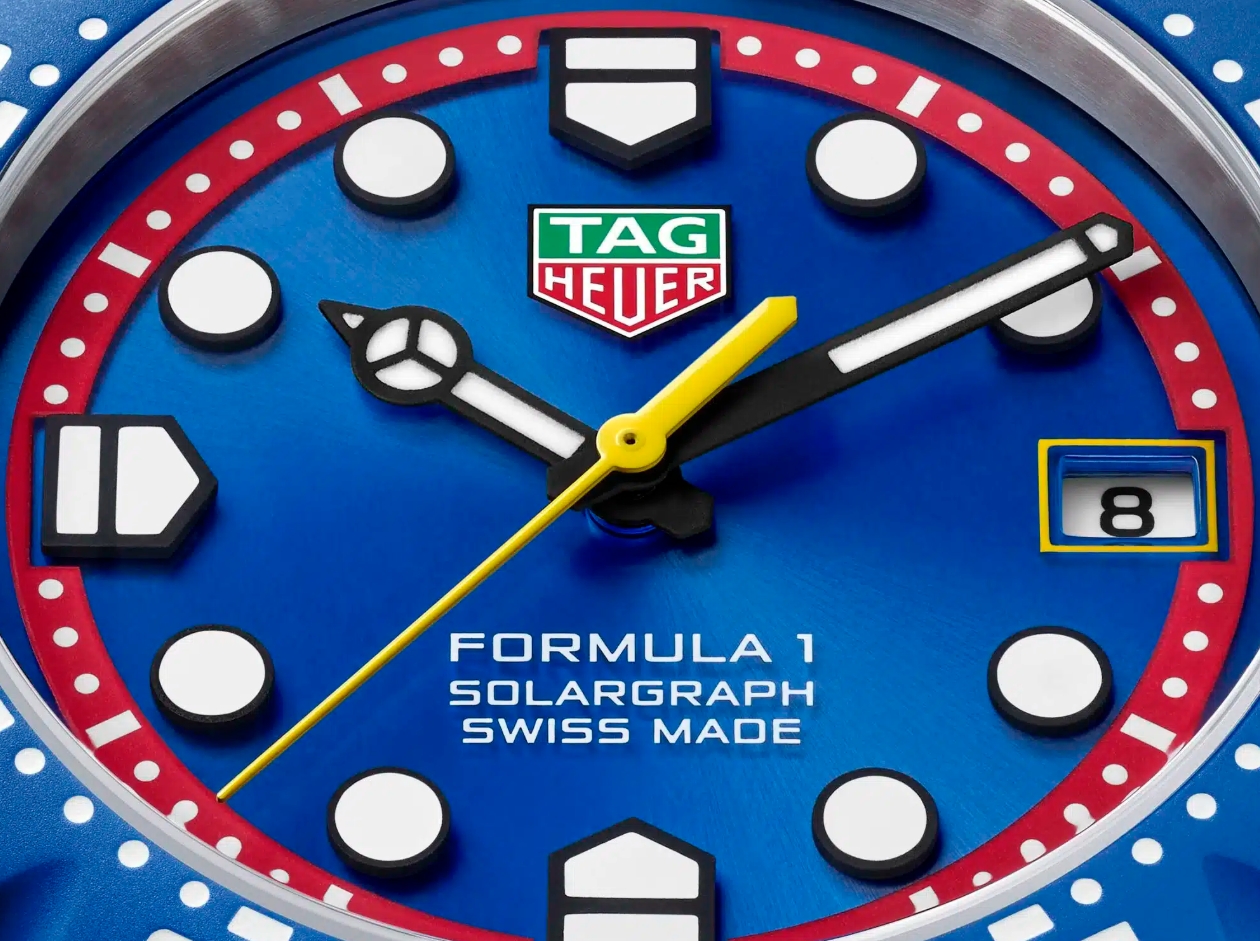 TAG Heuer Formula 1 Solargraph dial close up showing applied markers and date window